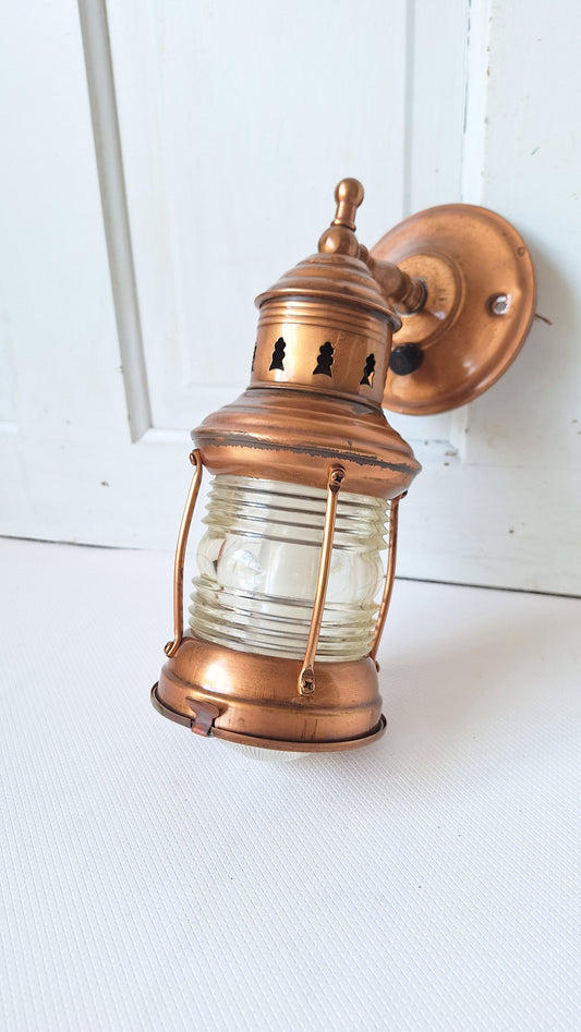 Antique Nautical Copper Wall Sconce with Ribbed Glass, Vintage Copper Marine Light with Lens Glass 062404