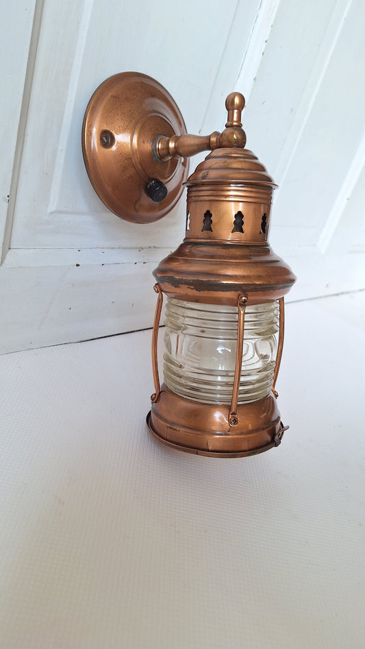Antique Nautical Copper Wall Sconce with Ribbed Glass, Vintage Copper Marine Light with Lens Glass 062404