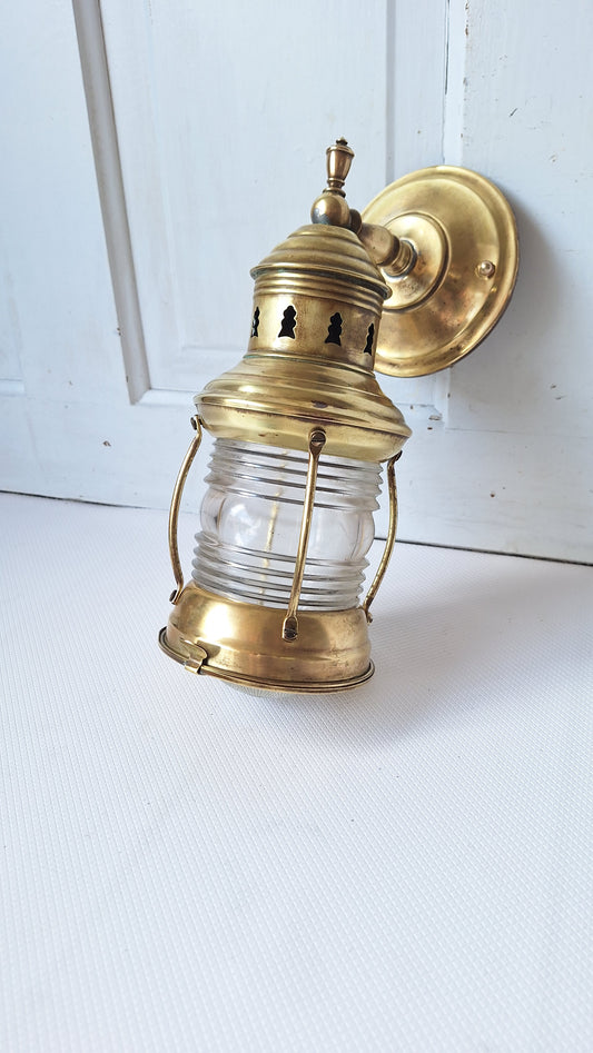 Antique Nautical Brass Wall Sconce with Ribbed Glass, Vintage Copper Marine Light with Lens Glass 062405