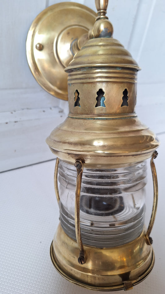 Antique Nautical Brass Wall Sconce with Ribbed Glass, Vintage Copper Marine Light with Lens Glass 062405