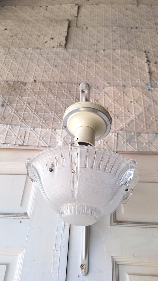Vintage Bowl Shade Three Chain Art Deco Light, Semi Flush Antique Light Shade, Etched Glass Vintage Shade, Architectural Salvage 062604