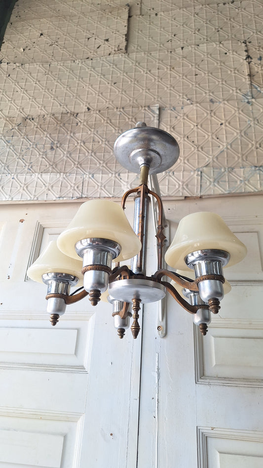 Art Deco Custard Glass Chandelier, Mixed Metal Light Silver and Bronze, Custard Slip Shade Chandelier, Architecture Salvage