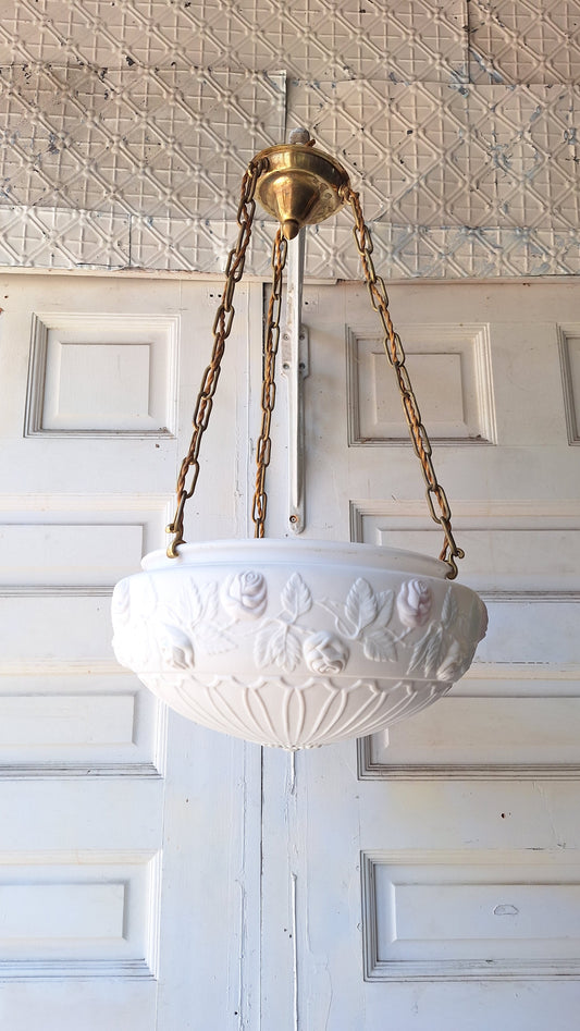 Reverse Painted Glass Victorian Bowl Chandelier, Three Chain Frosted Glass Hanging Light with Bronze Metal