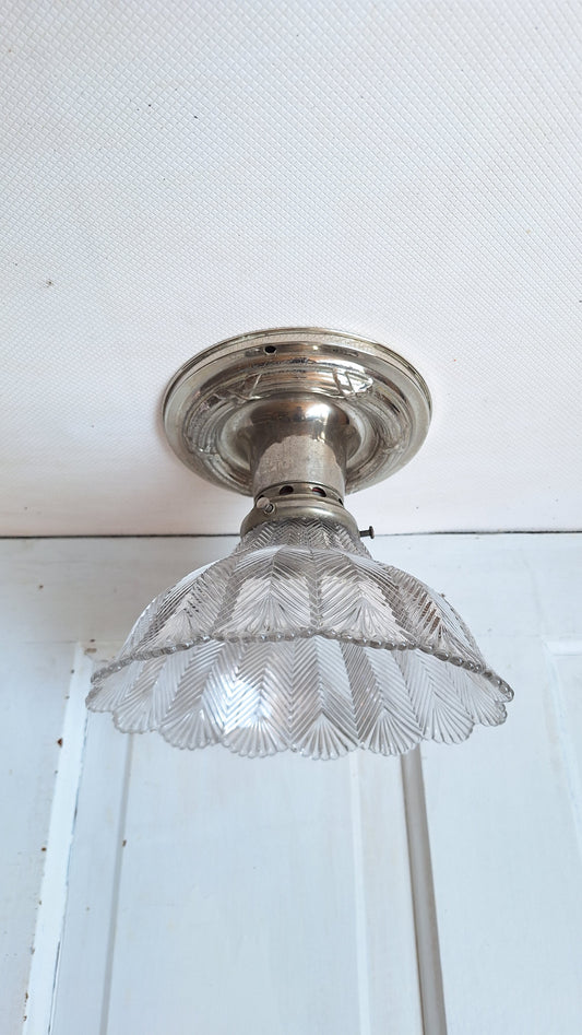 Herringbone Pattern Holophane Ceiling Light, Vintage Light Holophane Shade, Kitchen Pendant Ribbed Shade Light, Architecture Salvage 062802