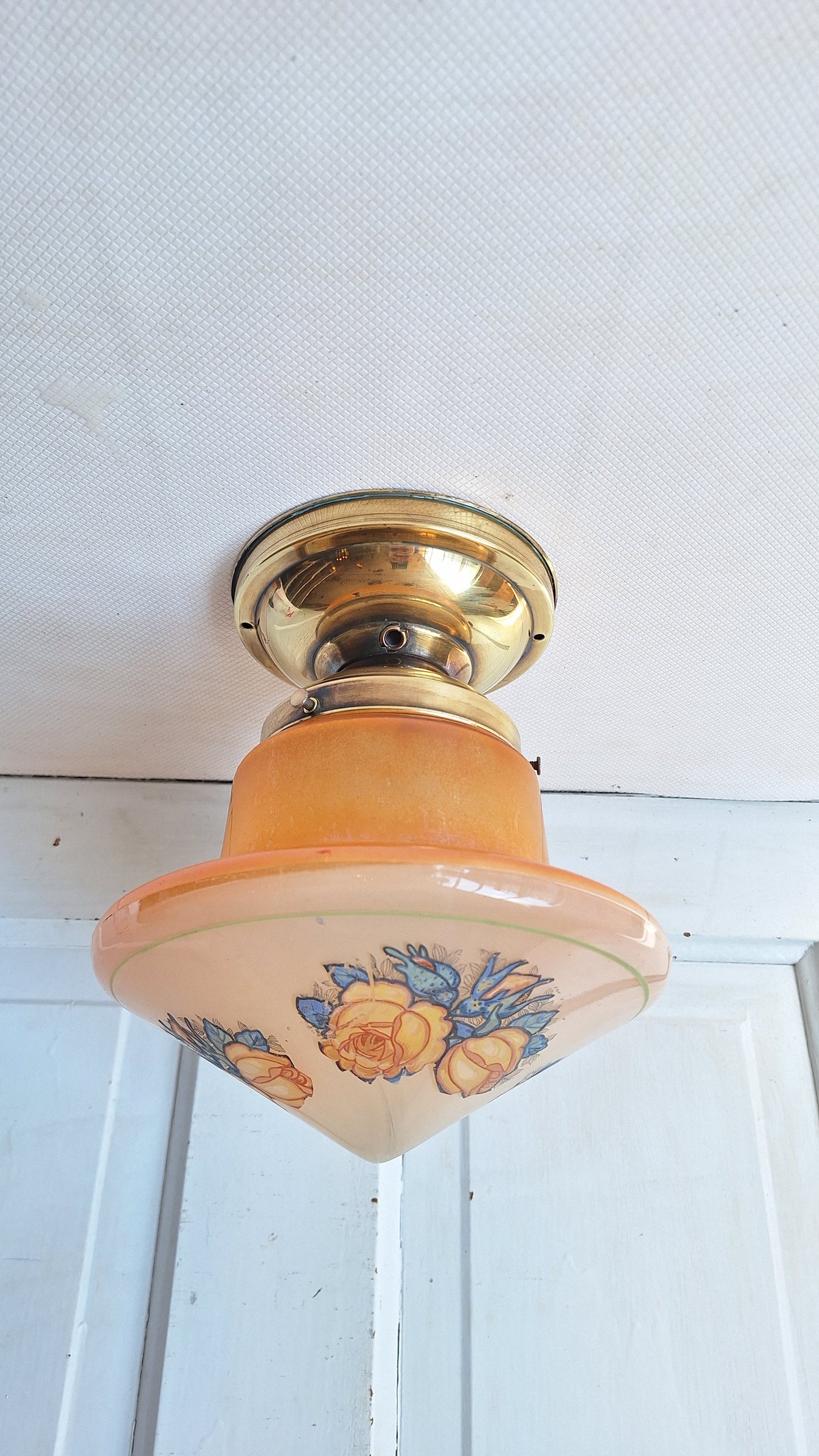 Iridescent Pink and Orange Flower Design Glass, Flush Mount Vintage Light, Brass and Pink Glass Art Deco Style Ceiling Light 062803