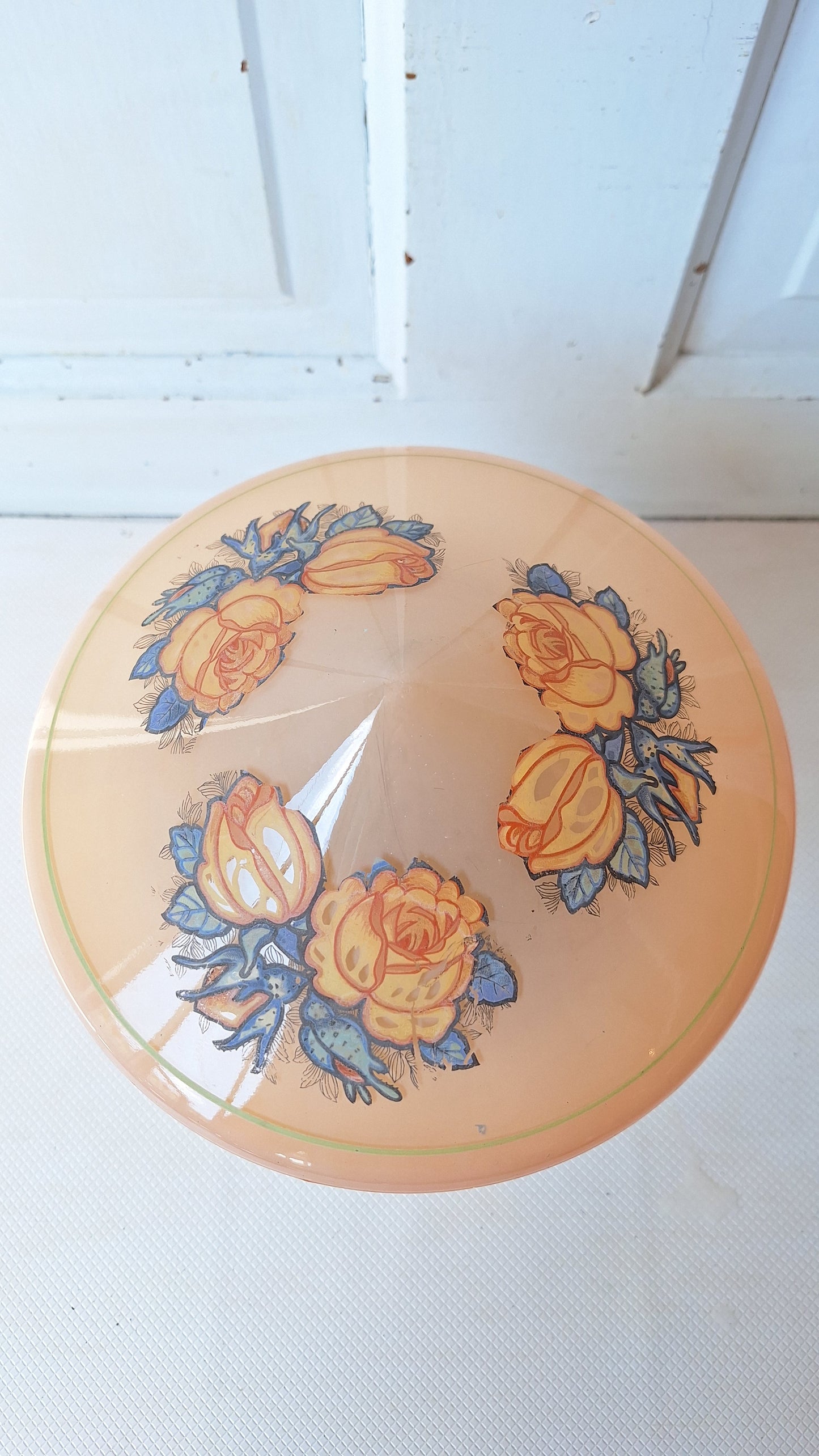 Iridescent Pink and Orange Flower Design Glass, Flush Mount Vintage Light, Brass and Pink Glass Art Deco Style Ceiling Light 062803