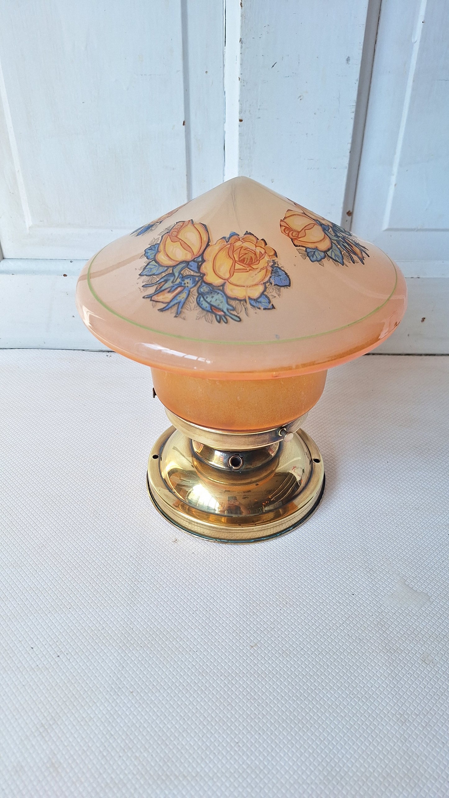 Iridescent Pink and Orange Flower Design Glass, Flush Mount Vintage Light, Brass and Pink Glass Art Deco Style Ceiling Light 062803
