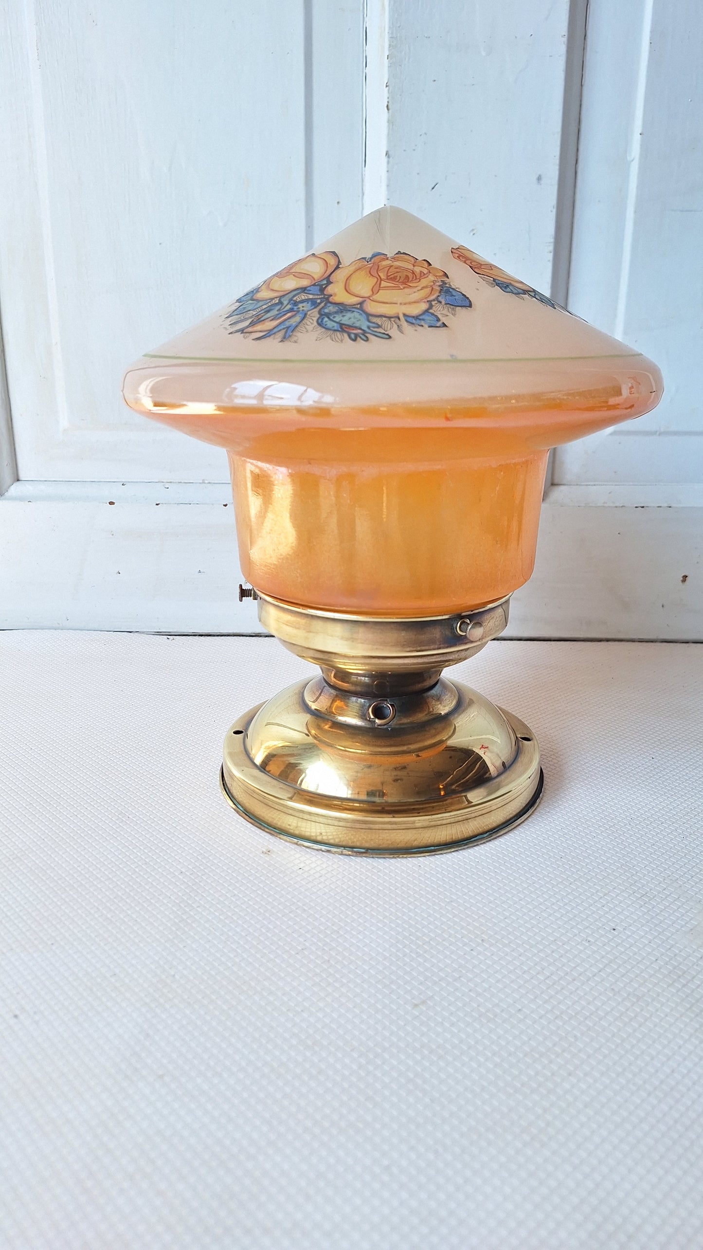 Iridescent Pink and Orange Flower Design Glass, Flush Mount Vintage Light, Brass and Pink Glass Art Deco Style Ceiling Light 062803