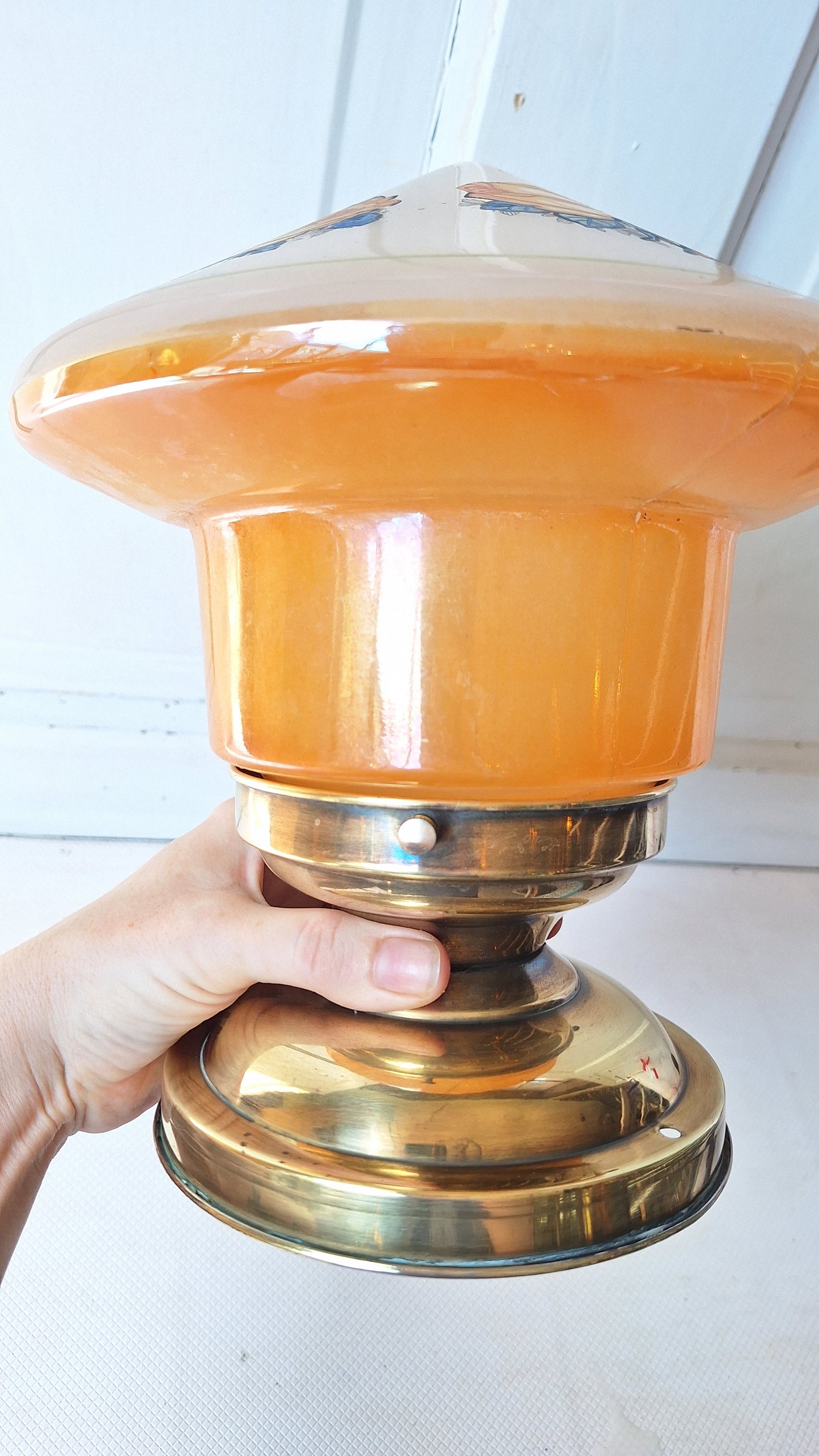 Iridescent Pink and Orange Flower Design Glass, Flush Mount Vintage Light, Brass and Pink Glass Art Deco Style Ceiling Light 062803