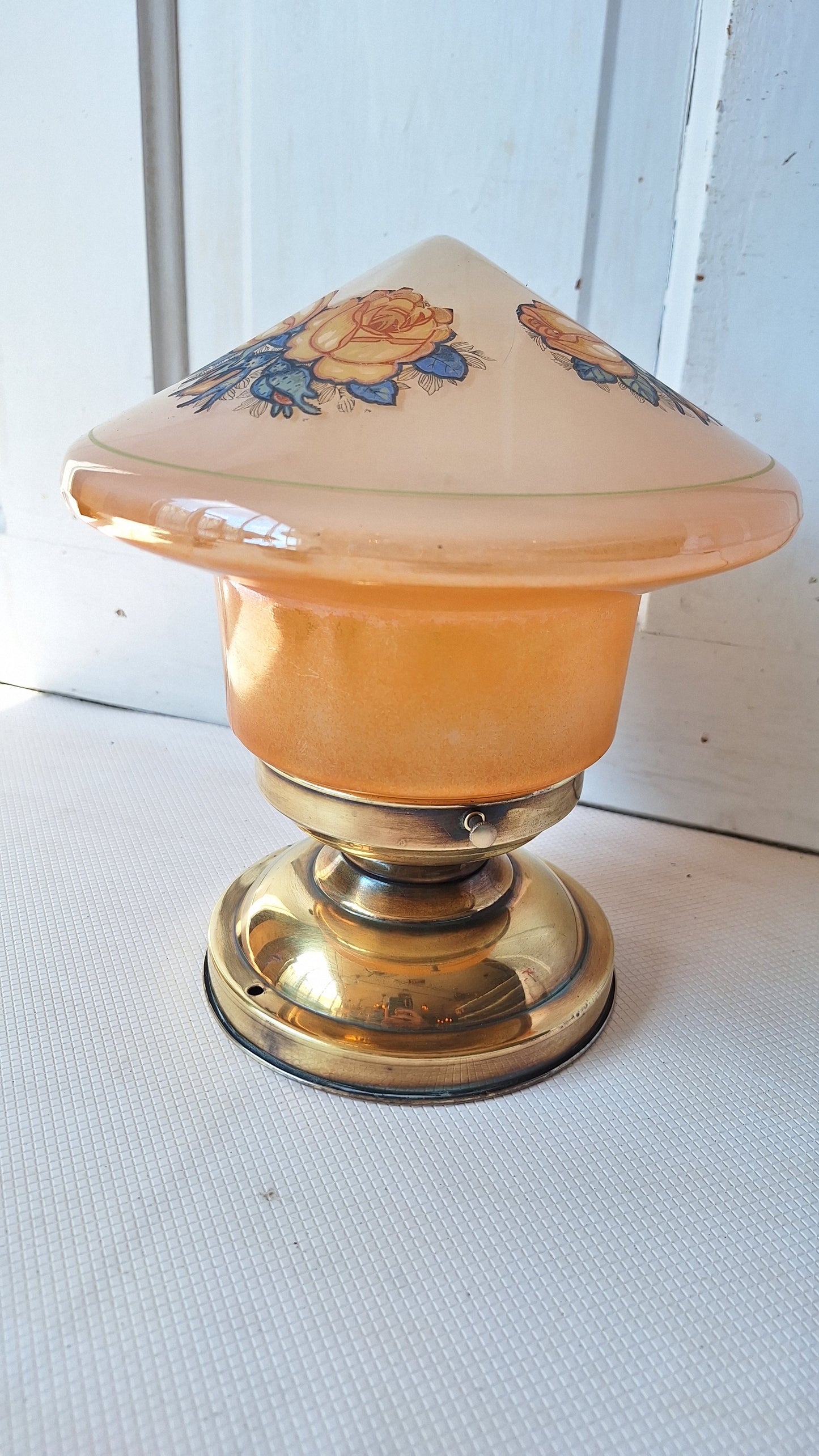 Iridescent Pink and Orange Flower Design Glass, Flush Mount Vintage Light, Brass and Pink Glass Art Deco Style Ceiling Light 062803