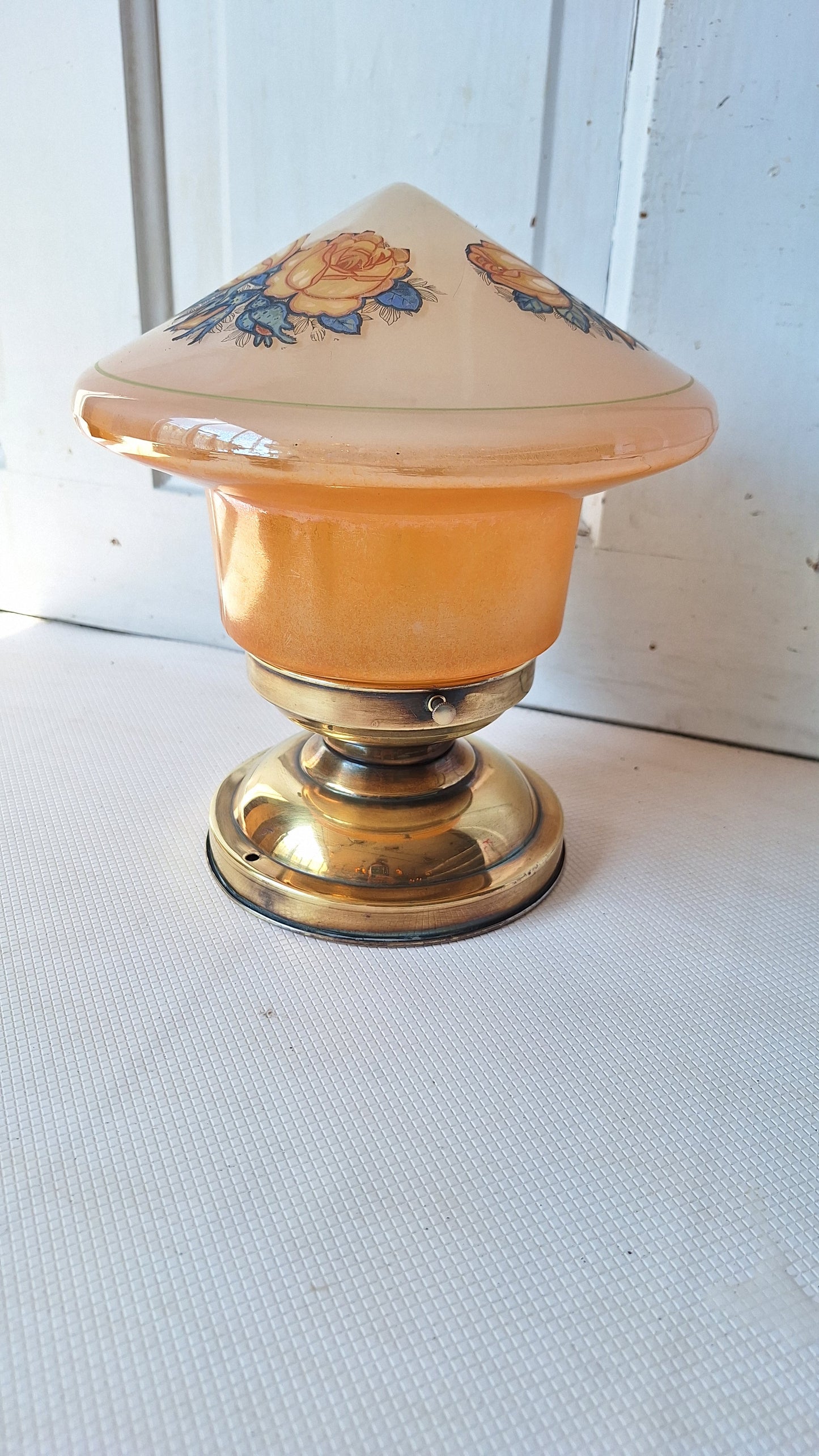Iridescent Pink and Orange Flower Design Glass, Flush Mount Vintage Light, Brass and Pink Glass Art Deco Style Ceiling Light 062803