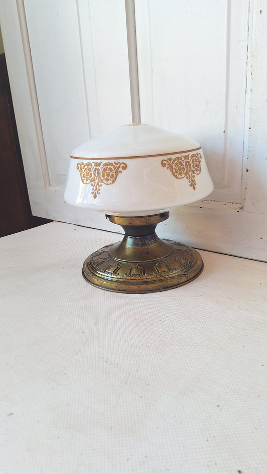 Vintage Stenciled Flush Mount, White Glass and Bronze Ceiling Light, Stencil Design Light Fixture, Architecture Salvage 070504