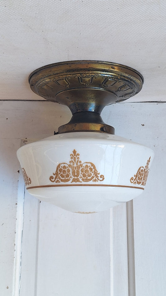 Vintage Stenciled Flush Mount, White Glass and Bronze Ceiling Light, Stencil Design Light Fixture, Architecture Salvage 070504