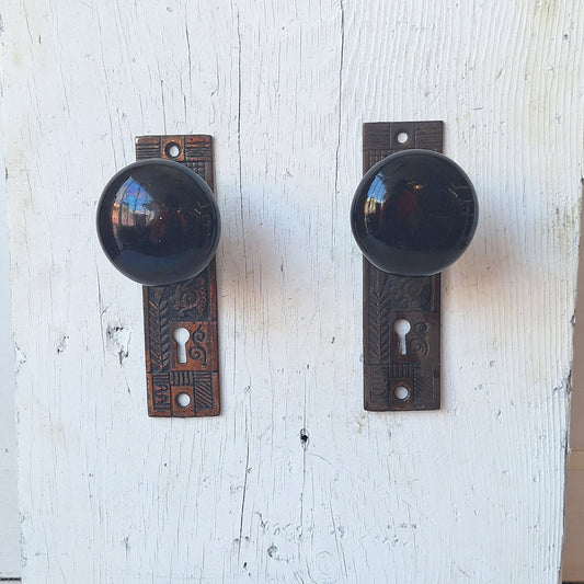 Black Porcelain Knob & Iron Plate, Ceramic Doorknobs and Backplates Eastlake Design, Complete Victorian Door Hardware Set 070506