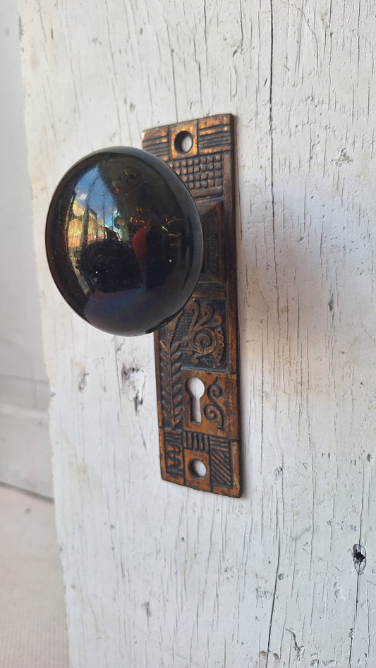 Black Porcelain Knob & Iron Plate, Ceramic Doorknobs and Backplates Eastlake Design, Complete Victorian Door Hardware Set 070506