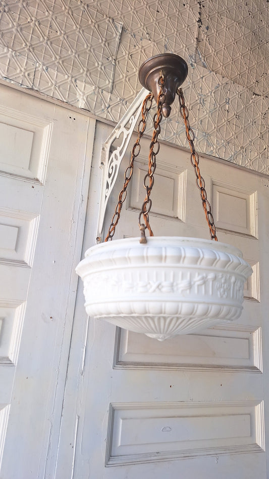 White Glass Victorian Bowl Chandelier, Four Chain Frosted Glass Hanging Light with Bronze Metal 070507
