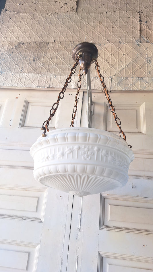 White Glass Victorian Bowl Chandelier, Four Chain Frosted Glass Hanging Light with Bronze Metal 070507