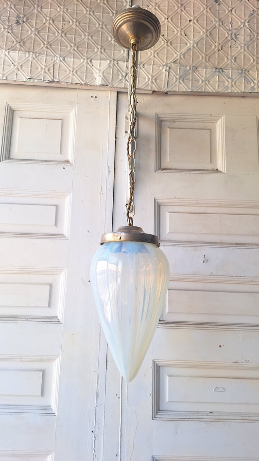 Antique Opalescent Glass Shade with Brass Base, Blown Glass Shade, Swirled Glass Vintage Pendant Light Fixture 070508