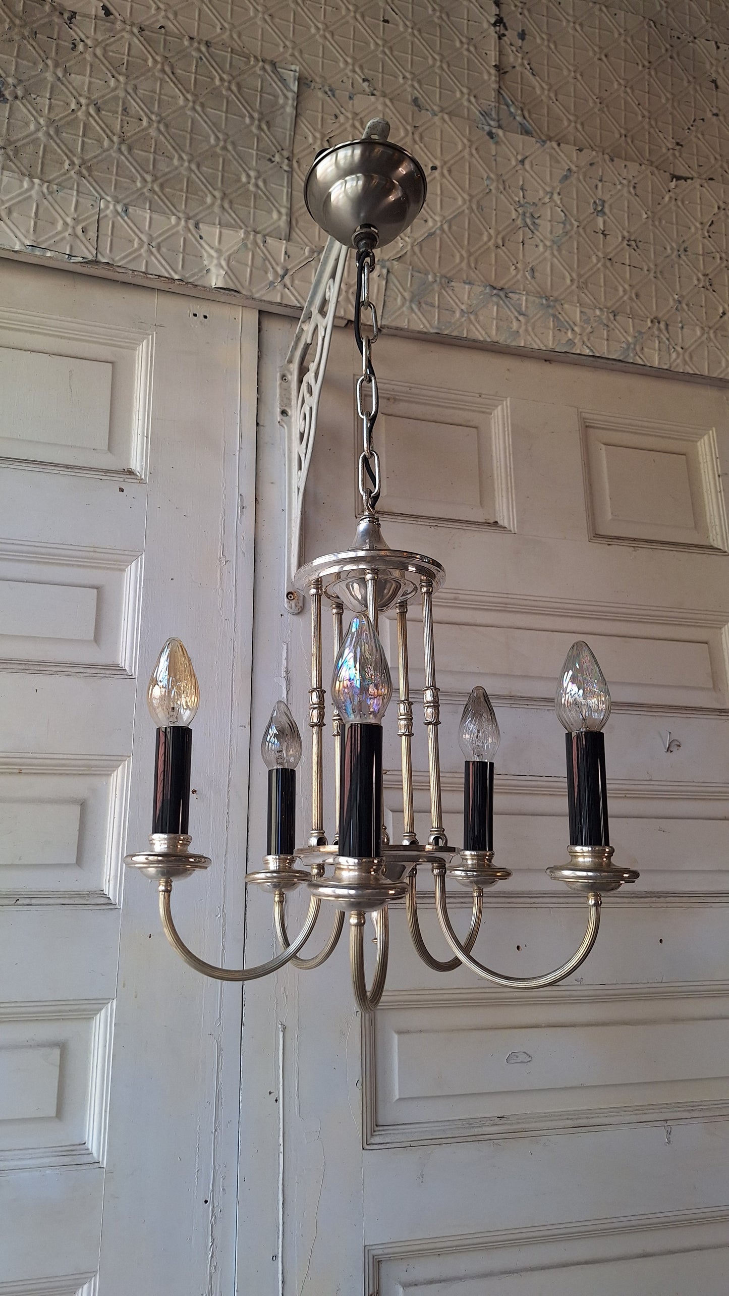 Antique Silver Plated Five Arm Chandelier:  Candelabra Style, Architectural Salvage