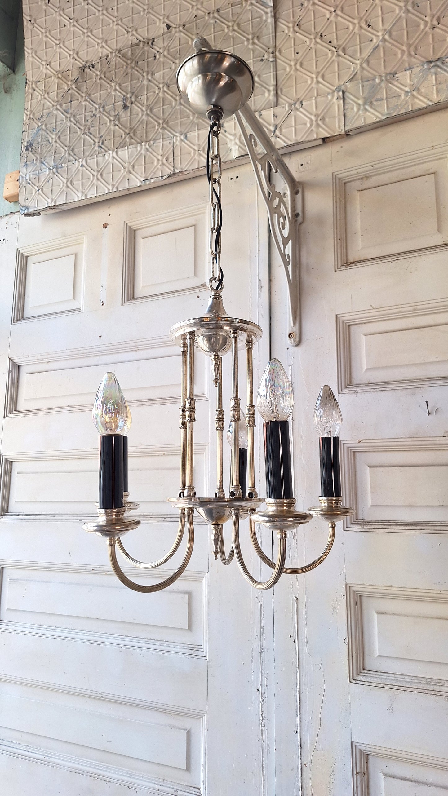 Antique Silver Plated Five Arm Chandelier:  Candelabra Style, Architectural Salvage