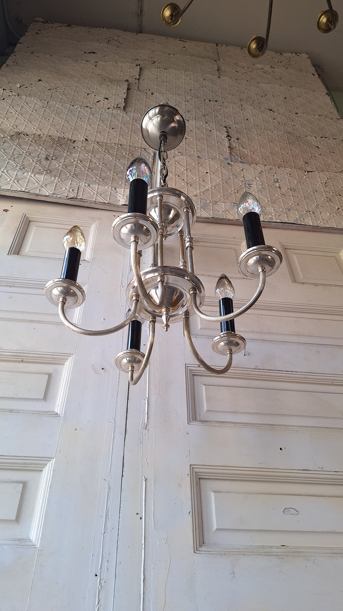 Antique Silver Plated Five Arm Chandelier:  Candelabra Style, Architectural Salvage