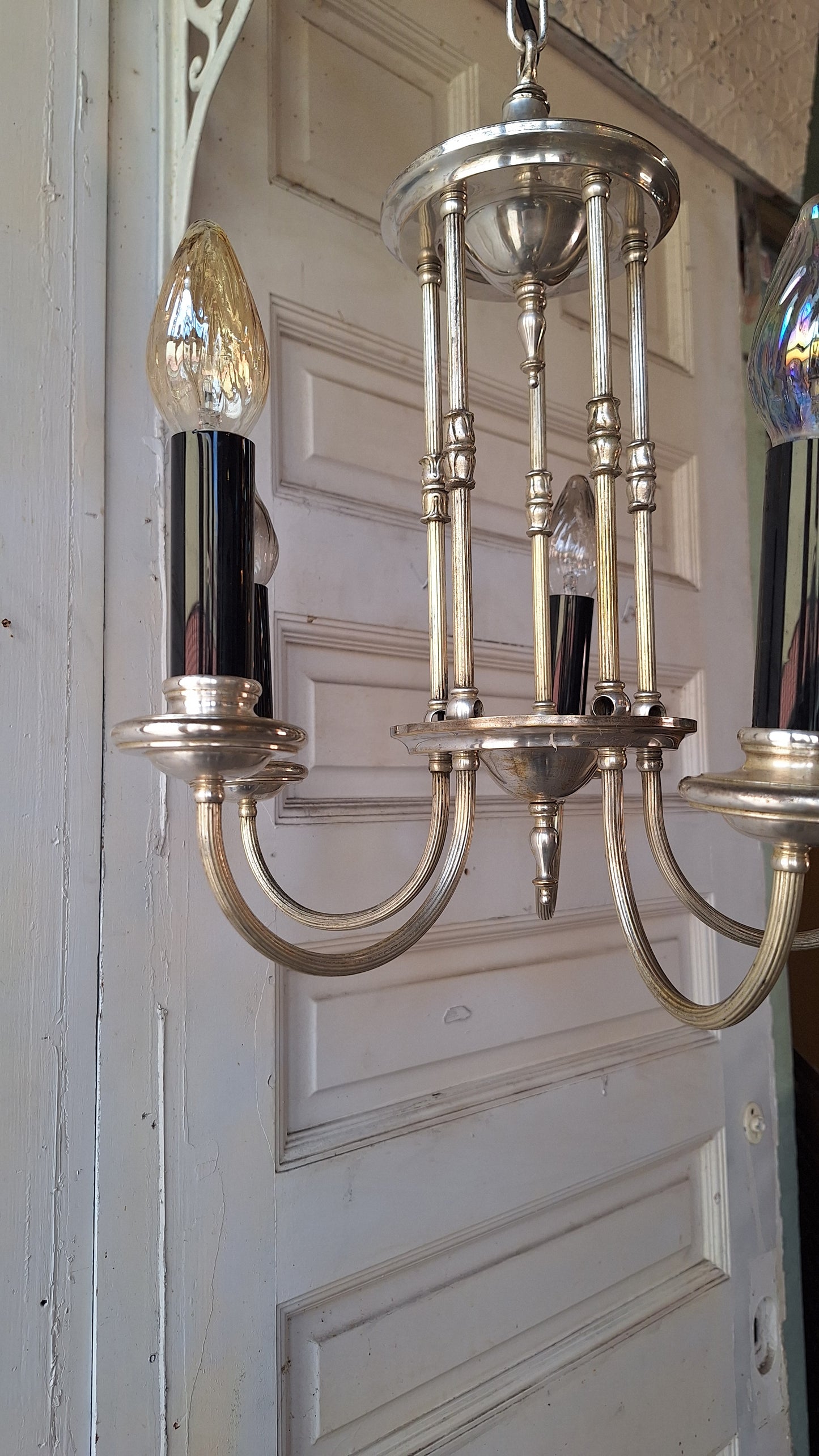 Antique Silver Plated Five Arm Chandelier:  Candelabra Style, Architectural Salvage