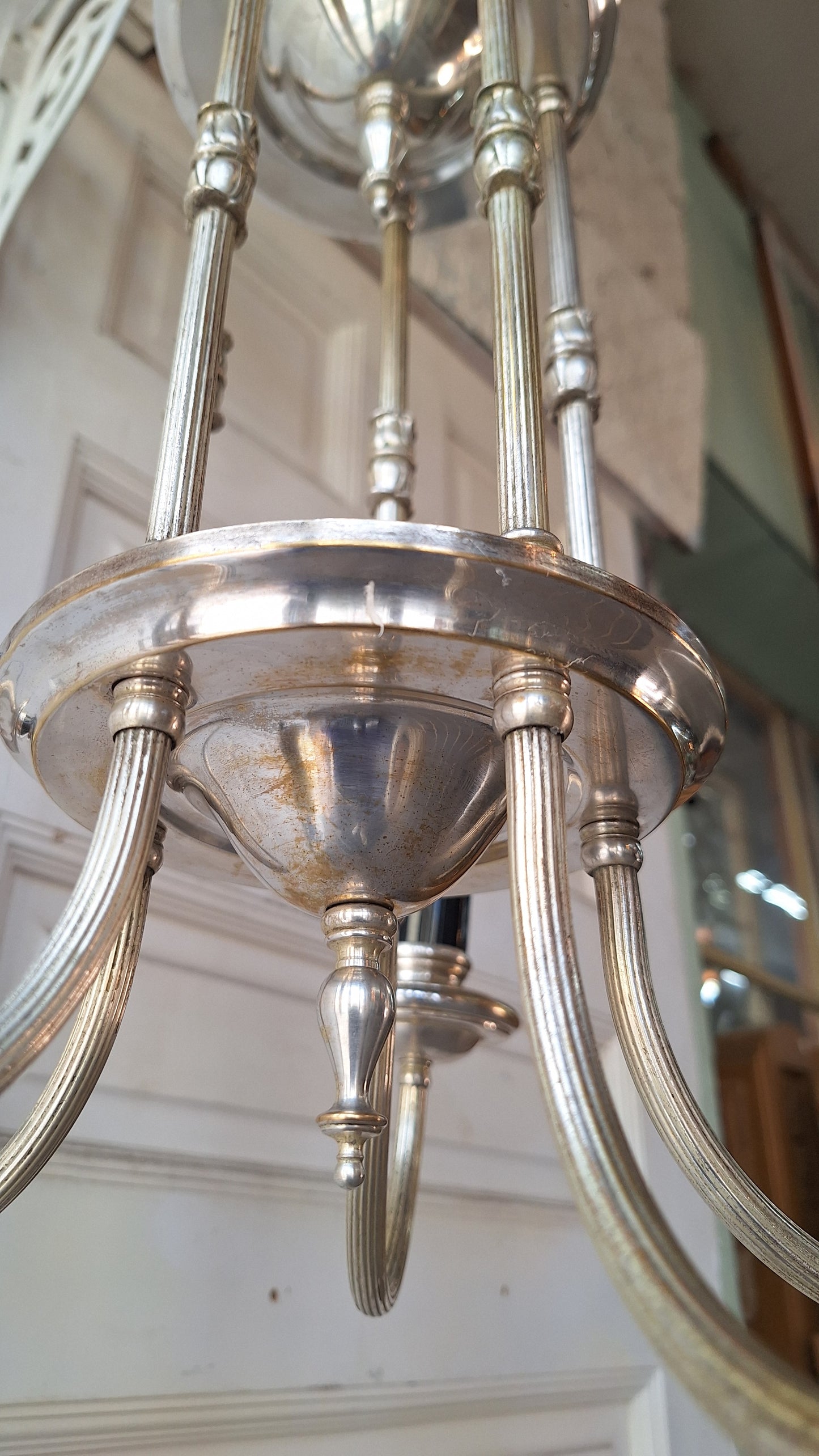 Antique Silver Plated Five Arm Chandelier:  Candelabra Style, Architectural Salvage