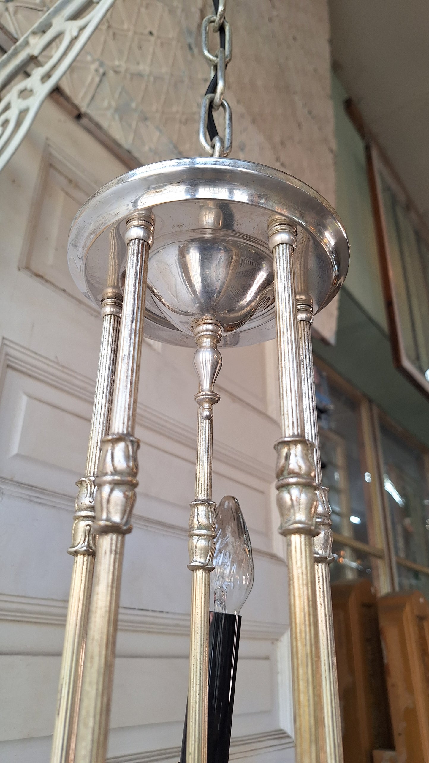 Antique Silver Plated Five Arm Chandelier:  Candelabra Style, Architectural Salvage