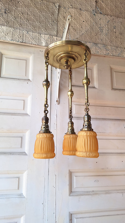 Antique Brass Pan Light with Three Hanging Sockets and Frosted Glass Shades, Sheffield Style Flush Mount Gold Ceiling Light
