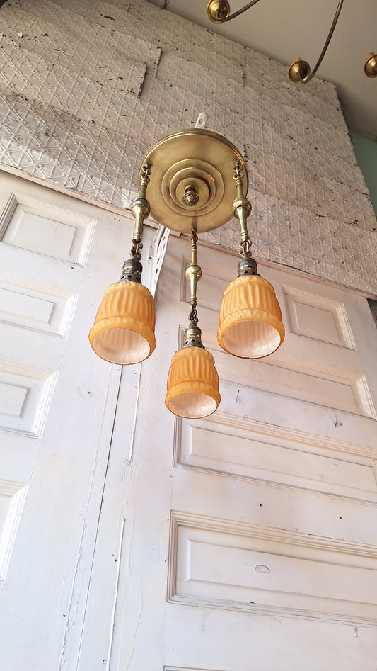 Antique Brass Pan Light with Three Hanging Sockets and Frosted Glass Shades, Sheffield Style Flush Mount Gold Ceiling Light