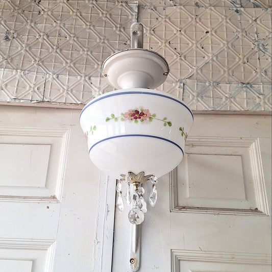 Painted Flush Mount Light with Crystal Drops, Vintage Hand Painted Light with Crystal Finials, Painted Schoolhouse Shade Fixture