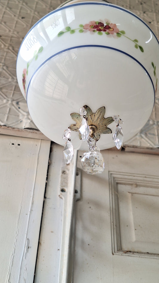 Painted Flush Mount Light with Crystal Drops, Vintage Hand Painted Light with Crystal Finials, Painted Schoolhouse Shade Fixture