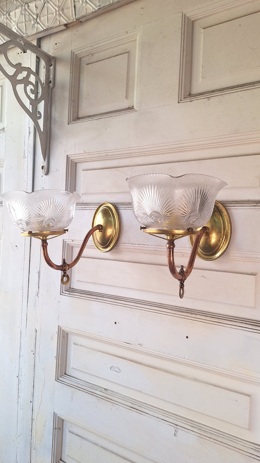Pair of Copper and Brass Antique Gas Sconce, Ornate Victorian Gas Wall Sconce with Antique Shade 071501