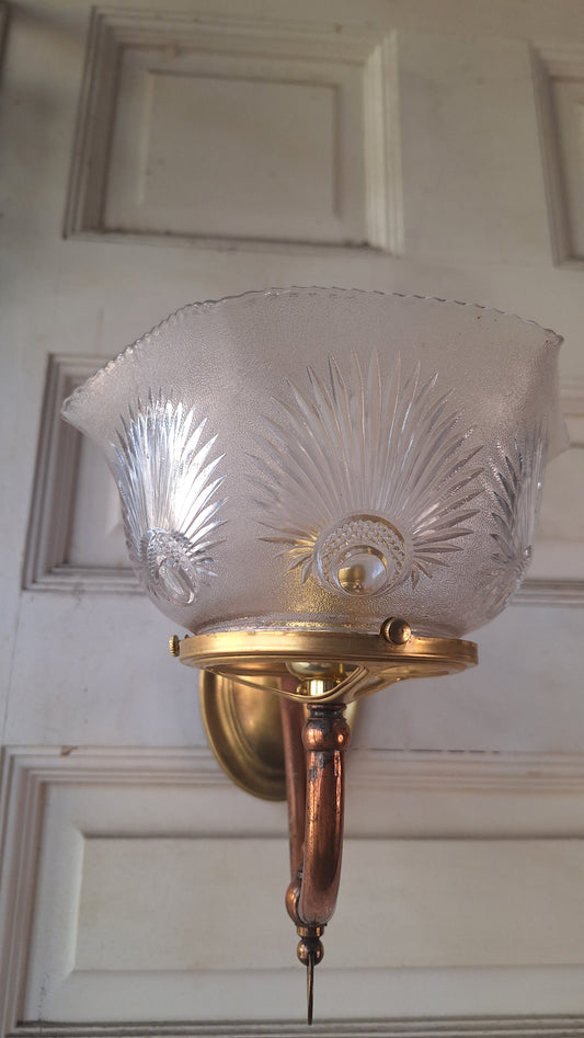 Pair of Copper and Brass Antique Gas Sconce, Ornate Victorian Gas Wall Sconce with Antique Shade 071501