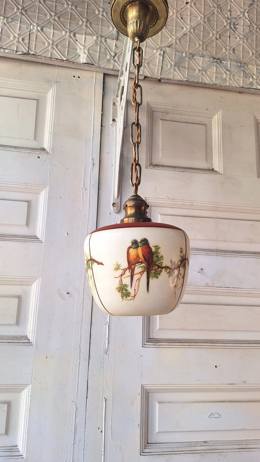 Vintage Parrot Pull Chain Pendant Light, Brass Bird Design Hanging Light, Pull Chain Bird and Flower Design Light