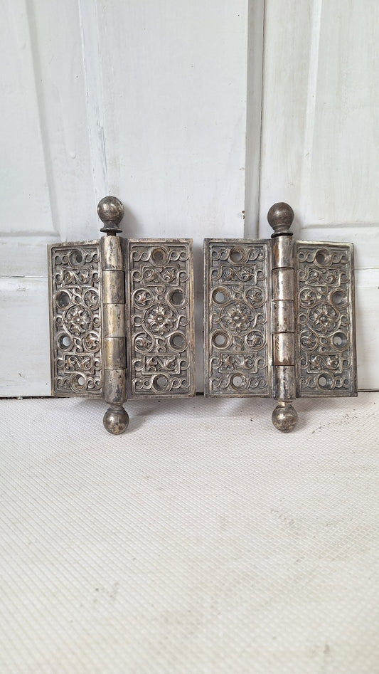 Pair of Yale Ornate Design Door Hinges, Nickel Plated Antique Door Hinges Set, Victorian Era Door Hardware 072001