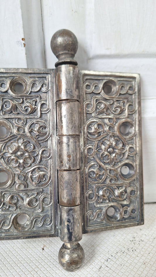 Pair of Yale Ornate Design Door Hinges, Nickel Plated Antique Door Hinges Set, Victorian Era Door Hardware 072001