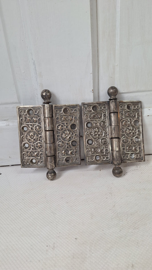 Pair of Yale Ornate Design Door Hinges, Nickel Plated Antique Door Hinges Set, Victorian Era Door Hardware 072002