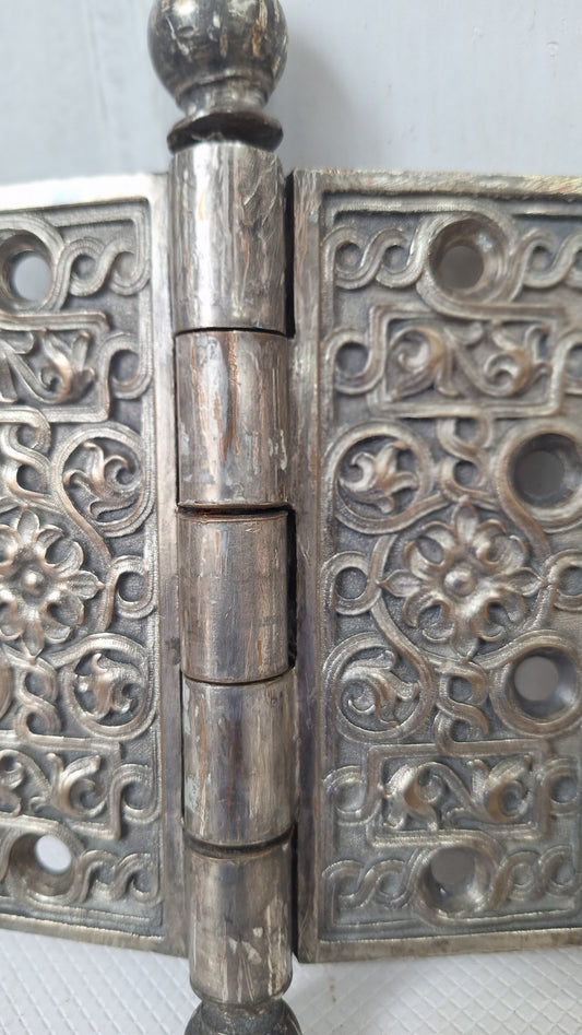 Pair of Yale Ornate Design Door Hinges, Nickel Plated Antique Door Hinges Set, Victorian Era Door Hardware 072002
