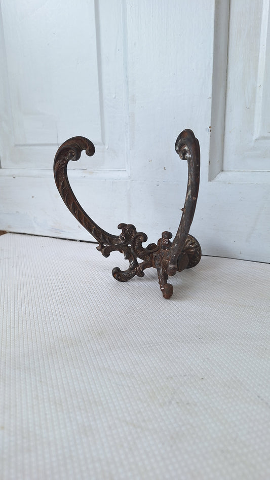 Large Cast Iron Victorian Hall Tree Hook, Ornate Iron Design Antique Coat Hook, Large Double Hook, Architecture Salvage 072702