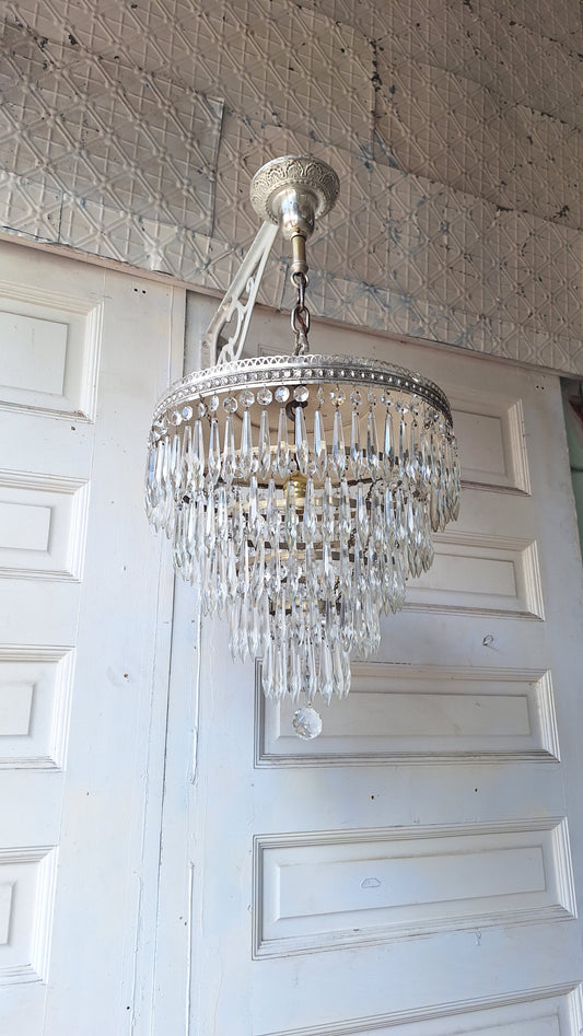Antique Crystal Wedding Cake or Waterfall Chandelier, Empire Style Cut Glass Tiered Light 072703