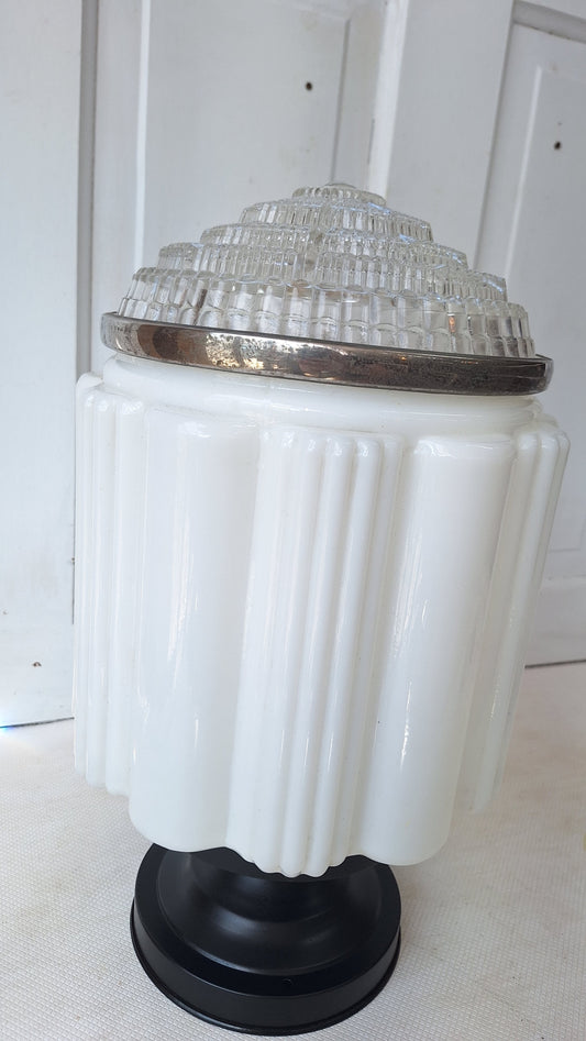 Two Piece Vintage Faceted Clear and White Glass Flush Mount, Schoolhouse or Skyscraper Light, Salvaged Antique Art Deco Light Salvage 072704
