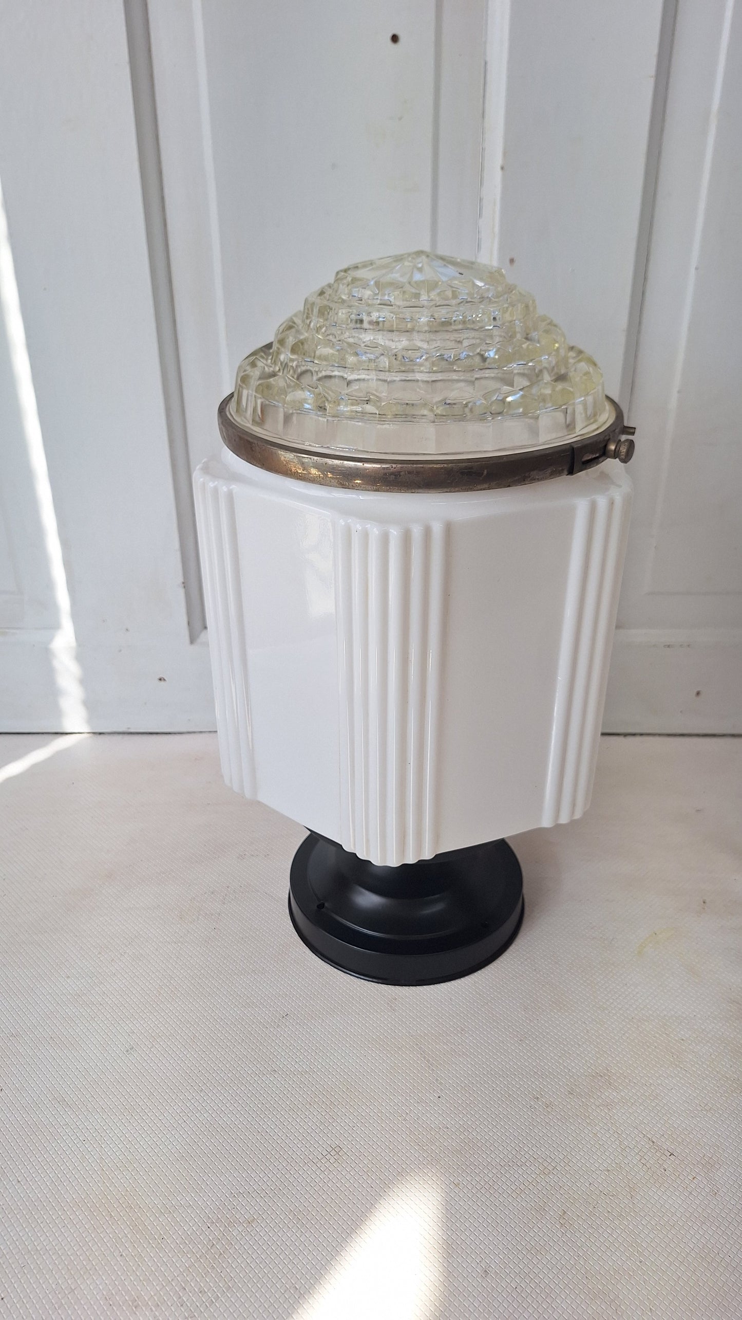 Two Piece Vintage Faceted Clear and White Glass Flush Mount, Schoolhouse or Skyscraper Light, Salvaged Antique Art Deco Light Salvage 072705