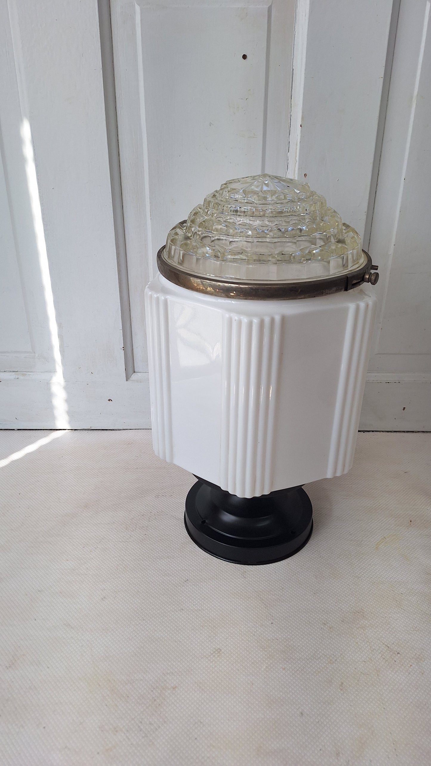 Two Piece Vintage Faceted Clear and White Glass Flush Mount, Schoolhouse or Skyscraper Light, Salvaged Antique Art Deco Light Salvage 072705