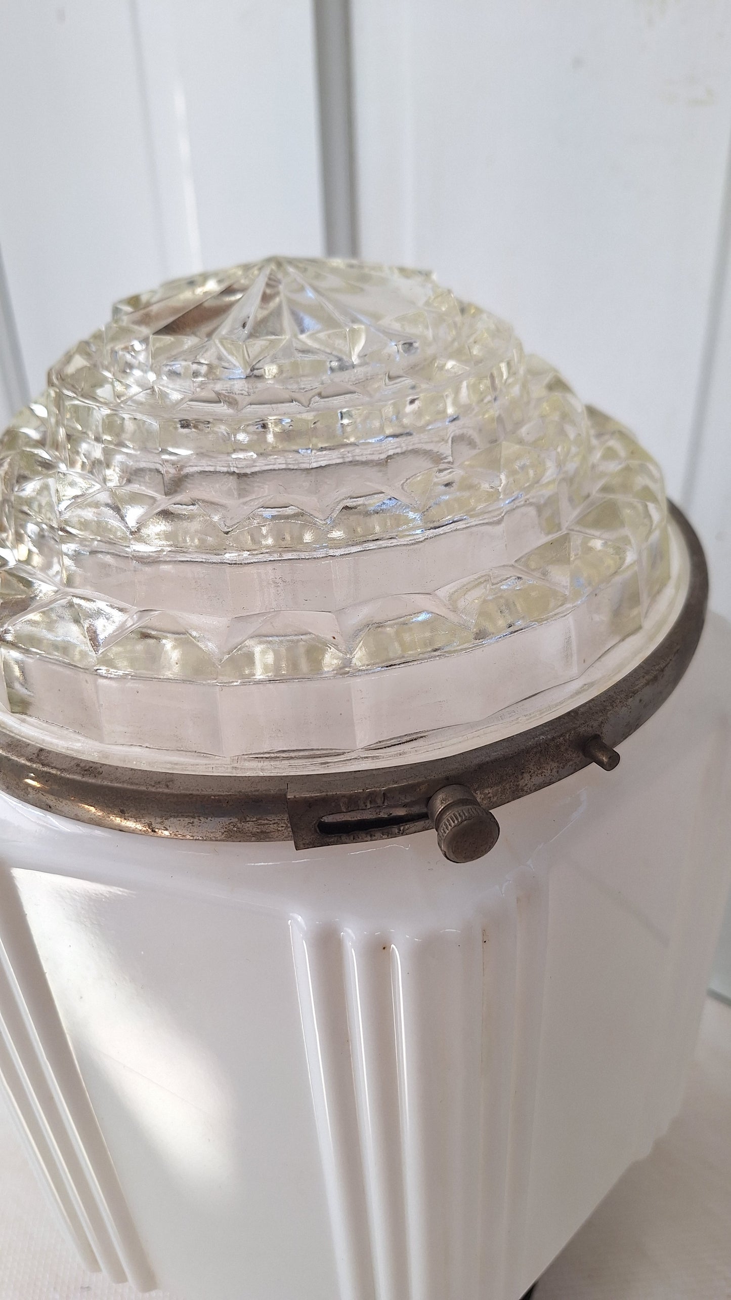 Two Piece Vintage Faceted Clear and White Glass Flush Mount, Schoolhouse or Skyscraper Light, Salvaged Antique Art Deco Light Salvage 072705