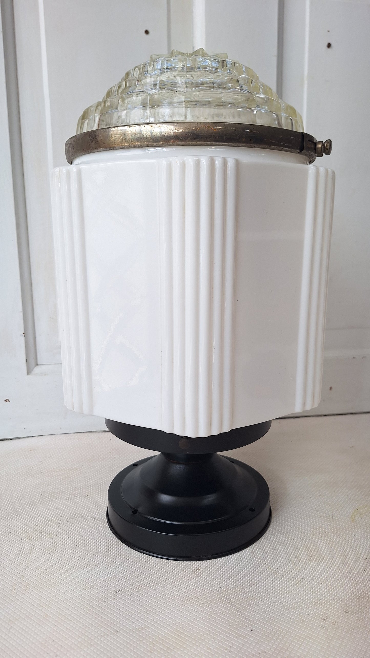 Two Piece Vintage Faceted Clear and White Glass Flush Mount, Schoolhouse or Skyscraper Light, Salvaged Antique Art Deco Light Salvage 072705