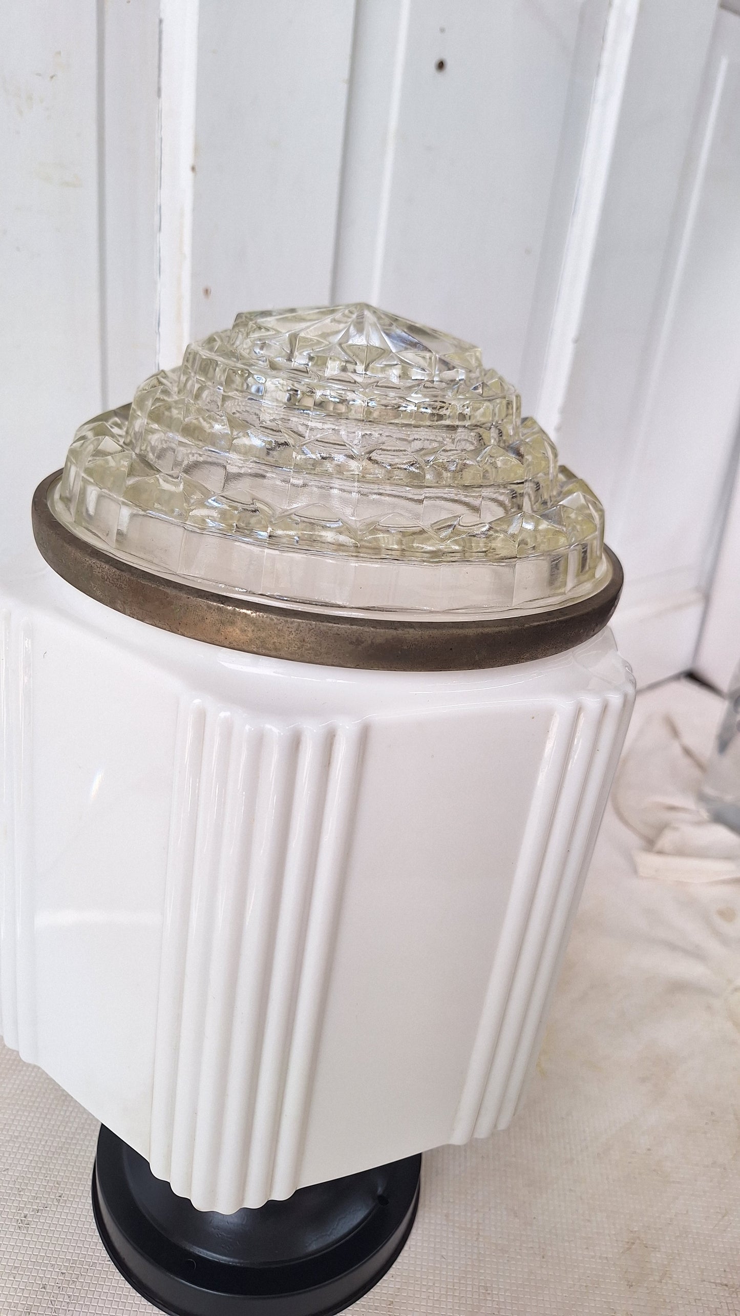 Two Piece Vintage Faceted Clear and White Glass Flush Mount, Schoolhouse or Skyscraper Light, Salvaged Antique Art Deco Light Salvage 072705
