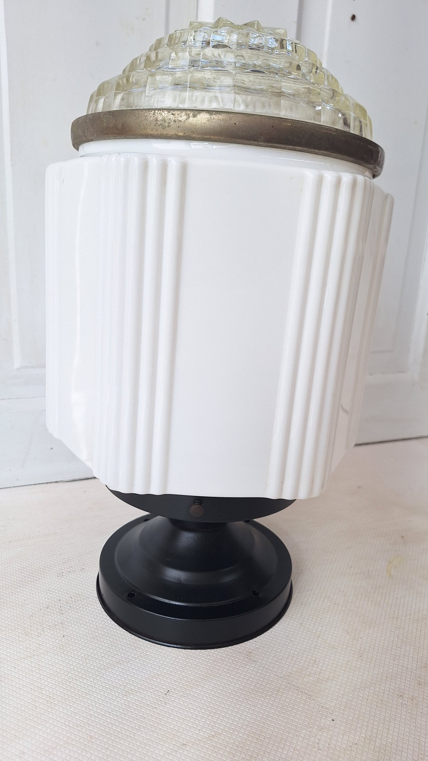 Two Piece Vintage Faceted Clear and White Glass Flush Mount, Schoolhouse or Skyscraper Light, Salvaged Antique Art Deco Light Salvage 072705