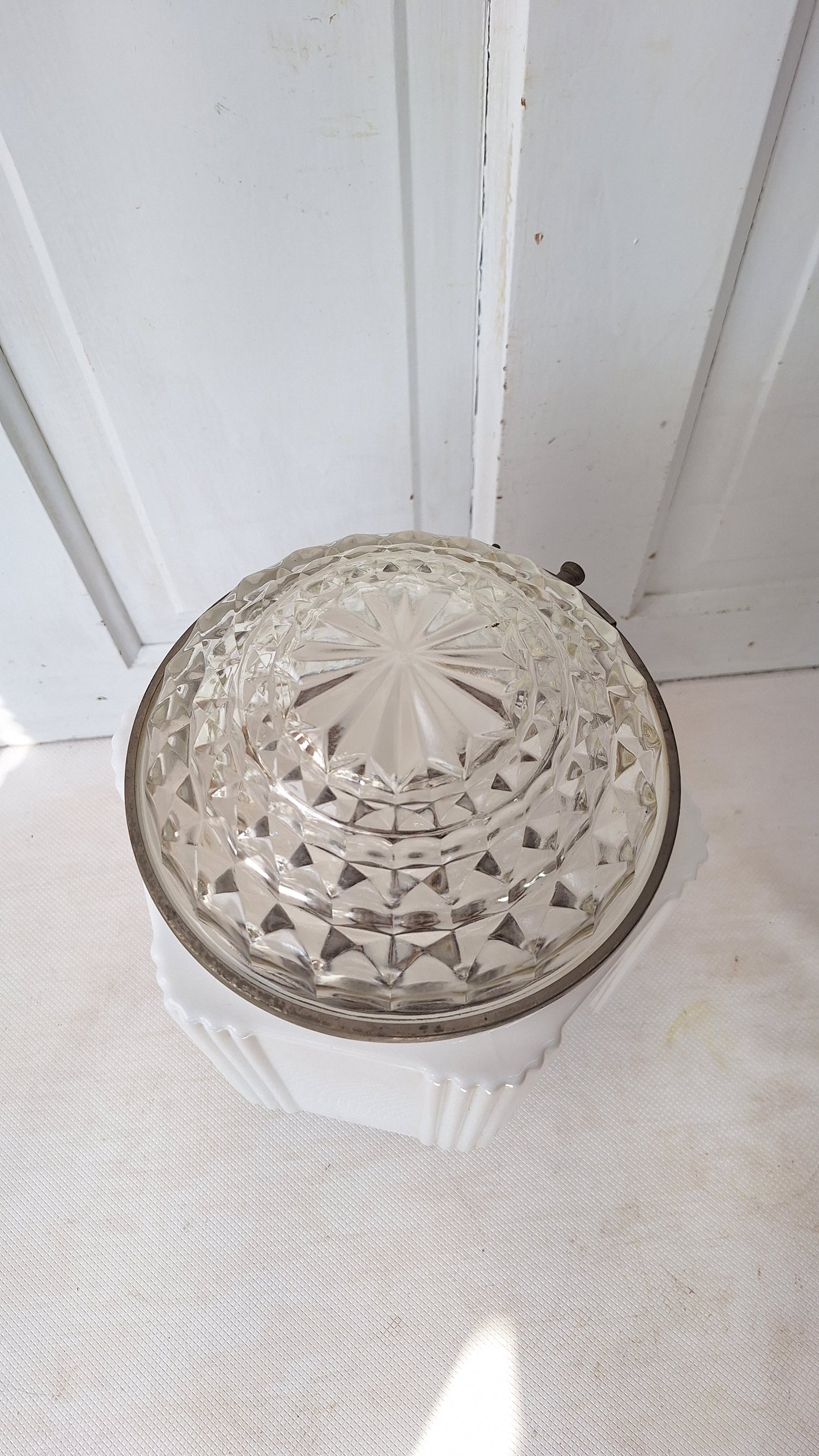 Two Piece Vintage Faceted Clear and White Glass Flush Mount, Schoolhouse or Skyscraper Light, Salvaged Antique Art Deco Light Salvage 072705