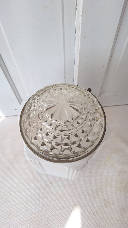 Two Piece Vintage Faceted Clear and White Glass Flush Mount, Schoolhouse or Skyscraper Light, Salvaged Antique Art Deco Light Salvage 072705